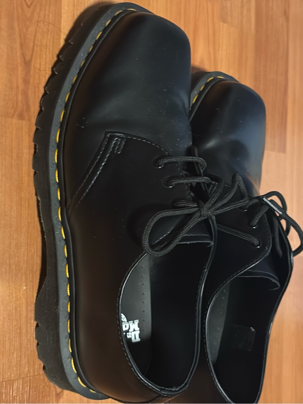 Dr. Martens Black Leather Derby Shoes with Yellow Stitching